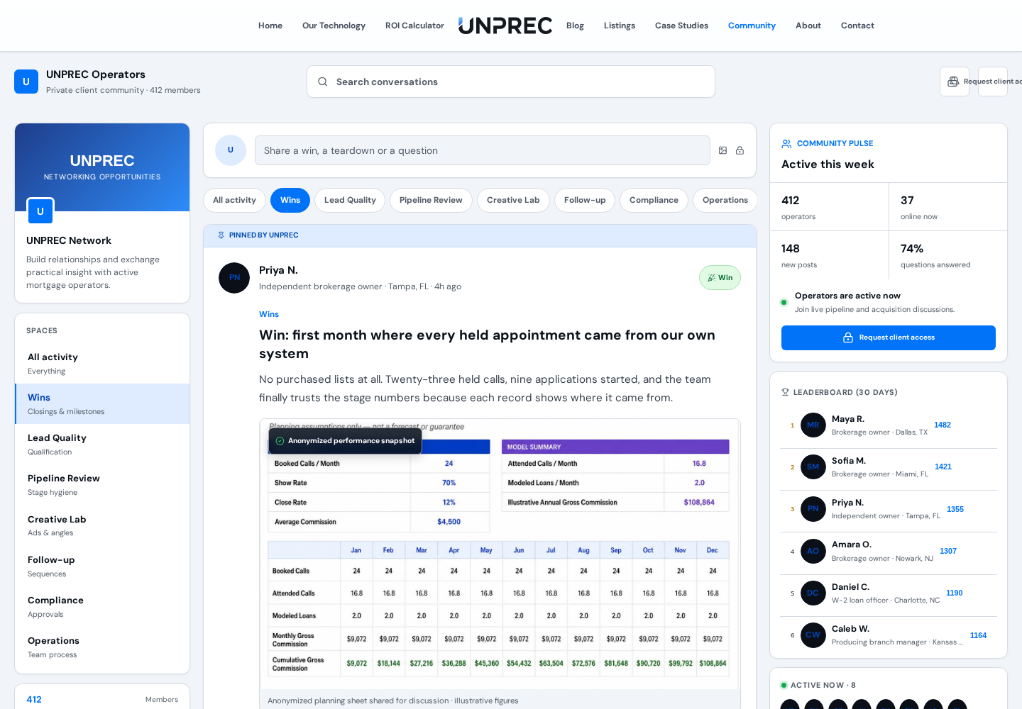 UNPREC mortgage operator community showing discussions, wins and member networking
