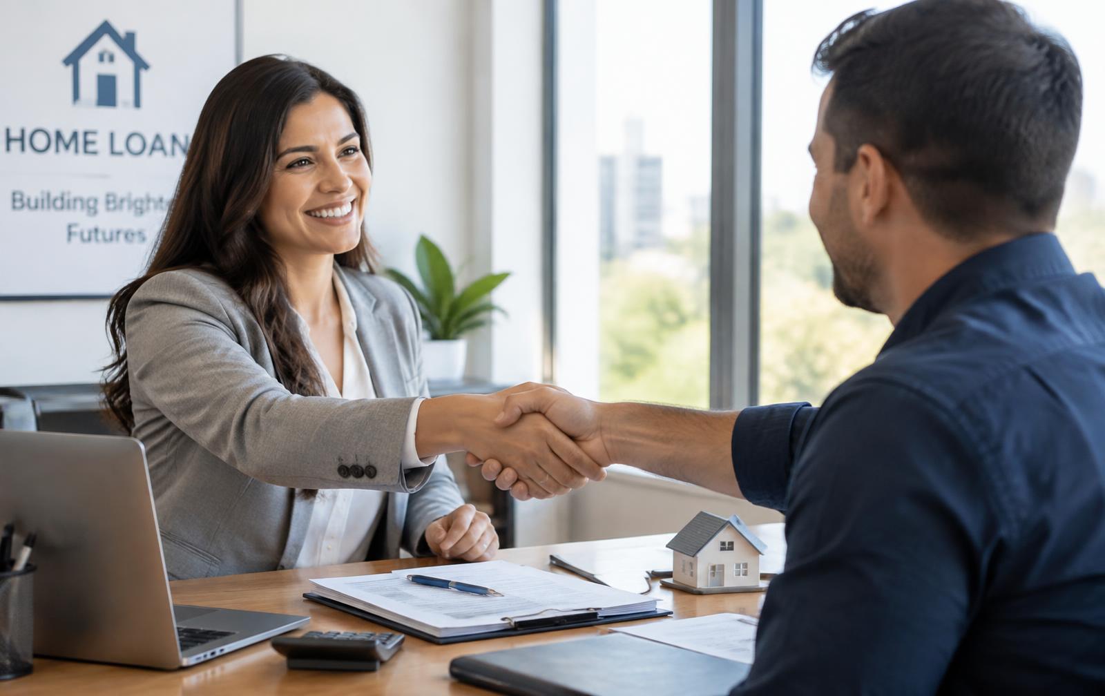 Loan officer shaking hands with a client after a funded mortgage