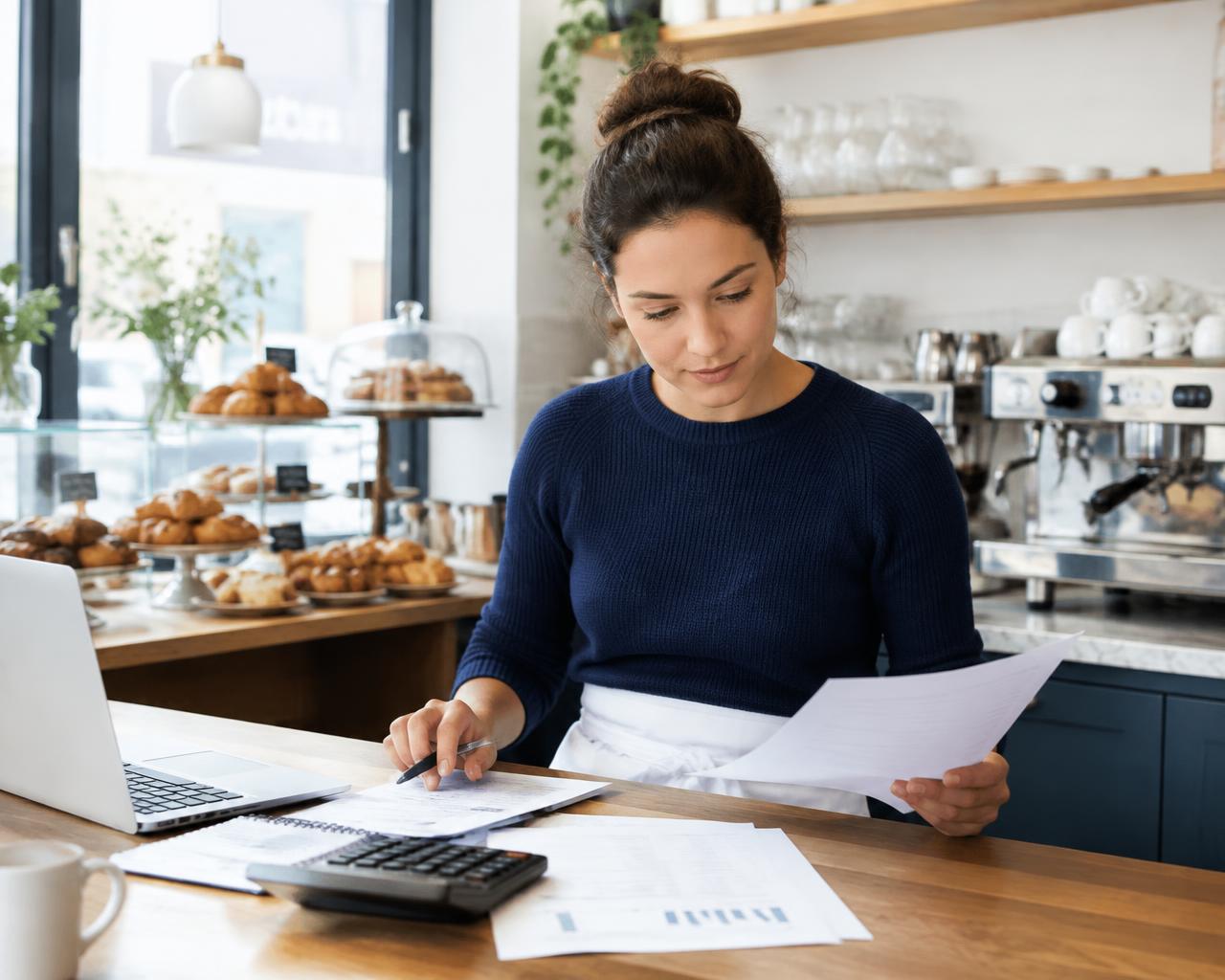 Small business owner reviewing finances